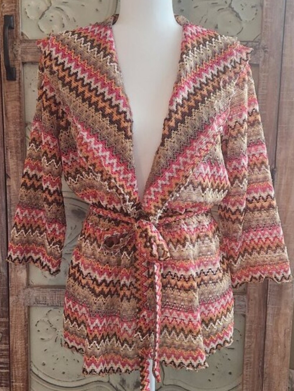 Vintage Sharon Young Crochet-Knit Zig-Zag Belted Cardigan | Large